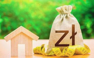 House and polish zloty money bag. Property valuation. Building maintenance. Real estate appraisal. Rental income. Cost of home services, utilities. Energy efficiency. Mortgage loan calculation. photo