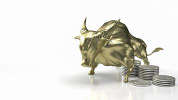 The golden bull and coins on white background 3d rendering photo