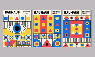 Geometric posters. Bauhaus cover templates with abstract geometry. Retro architecture minimal shapes, forms, lines and eye design vector set.