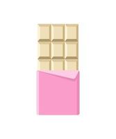 Chocolate bar icon. Open white milk chocolate in foil packaging. Flat dessert and sweet. Vector illustration in cartoon style.