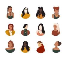 Set different abstract women portraits of big diverse business team. Bundle of joyful colleagues. Collection of female cartoon characters. Various nationality. Set of avatars at round frame. vector