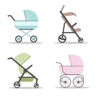 Baby carriages icon set. Colorful prams on white background. Vector illustrations in flat style.