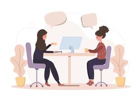 Girl talk to each other. Business women discuss social network, chat with dialog speech bubbles, debate working moments. Modern vector illustration in flat style.