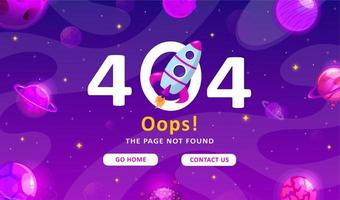 Error 404, page not found. Space exploration modern background. Cute gradient template with planets and stars for poster, banner or website page. vector