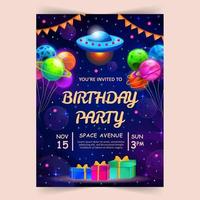 Kids birthday party invitation card with cute little planets and ufo. Space, universe and sky background. Vector illustration.