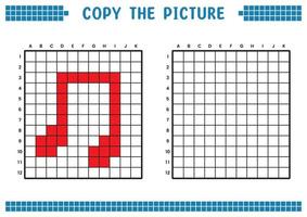 Copy the picture, complete the grid image. Educational worksheets drawing with squares, coloring areas. Children's preschool activities. Cartoon vector, pixel art. Musical notes symbol illustration. vector