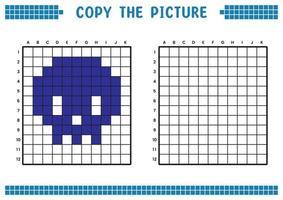 Copy the picture, complete the grid image. Educational worksheets drawing with squares, coloring cell areas. Children's preschool activities. Cartoon vector, pixel art. Skull head symbol illustration. vector