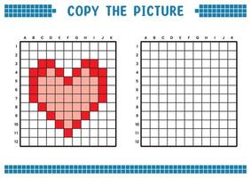 Copy the picture, complete the grid image. Educational worksheets drawing with squares, coloring cell areas. Children's preschool activities. Cartoon vector, pixel art. Heart love symbol illustration. vector