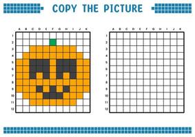 Copy the picture, complete the grid image. Educational worksheets drawing with squares, coloring cell areas. Children's preschool activities. Cartoon vector, pixel art. Halloween pumpkin illustration. vector