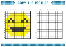 Copy the picture, complete the grid image. Educational worksheets drawing with squares, coloring cell areas. Children's preschool activities. Cartoon vector, pixel art. Illustration of a smiling face. vector