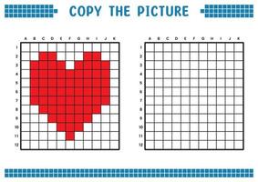 Copy the picture, complete the grid image. Educational worksheets drawing with squares, coloring cell areas. Children's preschool activities. Cartoon vector, pixel art. Red heart illustration symbol vector