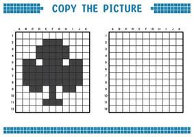 Copy the picture, complete the grid image. Educational worksheets drawing with squares, coloring cell areas. Children's preschool activities. Cartoon vector, pixel art. Club card illustration symbol. vector