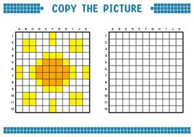 Copy the picture, complete the grid image. Educational worksheets drawing with squares, coloring cell areas. Children's preschool activities. Cartoon vector, pixel art. Illustration of a sun symbol. vector