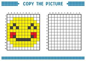 Copy the picture, complete the grid image. Educational worksheets drawing with squares, coloring cell areas. Children's preschool activities. Cartoon vector, pixel art. Illustration of a smiling face. vector