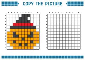 Copy the picture, complete the grid image. Educational worksheets drawing with squares, coloring cell areas. Children's preschool activities. Cartoon vector, pixel art. Halloween pumpkin illustration. vector
