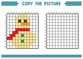 Copy the picture, complete the grid image. Educational worksheets drawing with squares, coloring cell areas. Children's preschool activities. Cartoon vector, pixel art. Illustration of a snowman. vector