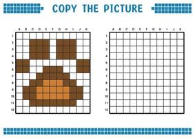 Copy the picture, complete the grid image. Educational worksheets drawing with squares, coloring cell areas. Children's preschool activities. Cartoon vector, pixel art. Animal paw symbol illustration. vector