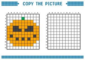 Copy the picture, complete the grid image. Educational worksheets drawing with squares, coloring cell areas. Children's preschool activities. Cartoon vector, pixel art. Halloween pumpkin illustration. vector