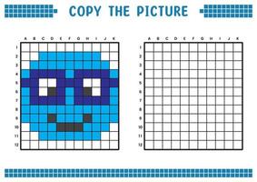 Copy the picture, complete the grid image. Educational worksheets drawing with squares, coloring areas. Children's preschool activities. Cartoon vector, pixel art. Illustration of face with glasses. vector