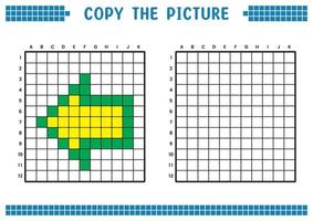 Copy the picture, complete the grid image. Educational worksheets drawing with squares, coloring cell areas. Children's preschool activities. Cartoon vector, pixel art. Left arrow illustration symbol. vector