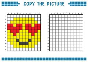 Copy the picture, complete the grid image. Educational worksheets drawing with squares, coloring cell areas. Children's preschool activities. Cartoon vector, pixel art. Illustration of a face in love. vector