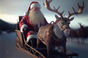 Santa Claus riding a deer in a sleigh, cartoon 3D Merry Christmas photo