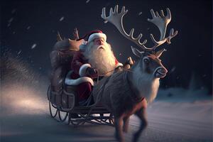 Santa Claus riding a deer in a sleigh, cartoon 3D Merry Christmas photo