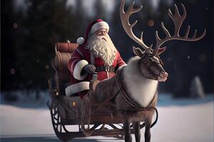 Santa Claus riding a deer in a sleigh, cartoon 3D Merry Christmas photo