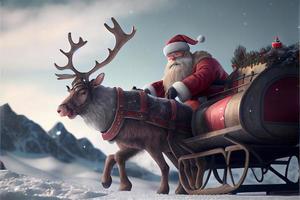 Santa Claus riding a deer in a sleigh, cartoon 3D Merry Christmas photo