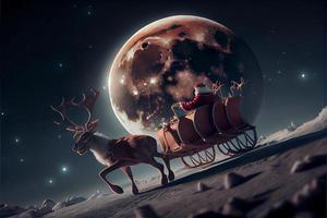 Santa Claus riding a deer in a sleigh, cartoon 3D Merry Christmas photo