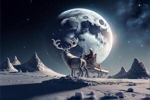 Santa Claus riding a deer in a sleigh, cartoon 3D Merry Christmas photo