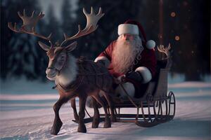 Santa Claus riding a deer in a sleigh, cartoon 3D Merry Christmas photo