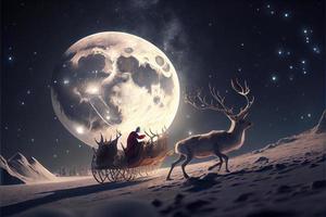 Santa Claus riding a deer in a sleigh, cartoon 3D Merry Christmas photo