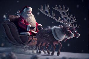 Santa Claus riding a deer in a sleigh, cartoon 3D Merry Christmas photo