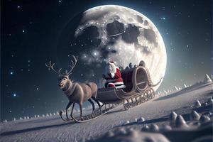 Santa Claus riding a deer in a sleigh, cartoon 3D Merry Christmas photo