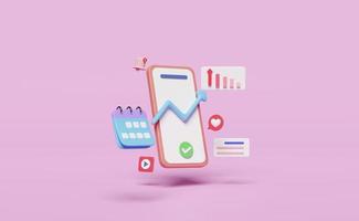 3d social media with mobile phone, smartphone icons, arrow graph calendar, notification bell isolated on pink background. online social, communication applications concept, 3d render illustration photo