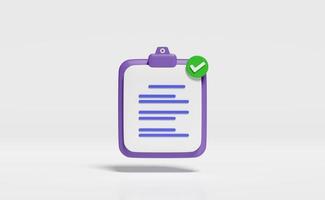 3d purple clipboard white checklist paper icon with check isolated on white background. project plan, business strategy concept, 3d render illustration photo
