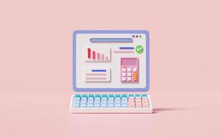 3d financial report charts and graph on laptop screen with search bar, calculator isolated on pink background. Online marketing, business strategy, data analysis, concept, 3d render illustration photo