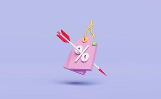 3d discount sales icon for shopping online with darts or arrow isolated on purple background. price tags coupon, marketing promotion bonuses concept, 3d render illustration photo