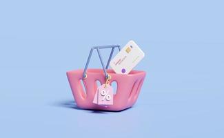 3d discount sales icon for shopping online with pink shopping cart,  basket, credit card, price tags coupon isolated on blue background. marketing promotion bonuses concept, 3d render illustration photo