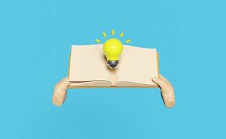 3D Hand holds open book with yellow light bulb isolated on blue background. idea tip education, knowledge creates ideas concept, minimal abstract, 3d render illustration photo