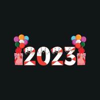 2023 feliz año nuevo, diseño de camiseta de texto vectorial, evento de felicitación, camiseta, fiesta, graduado de secundaria o universidad. letras para saludo, tarjeta de invitación vector