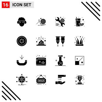 conjunto de glifos sólidos de interfaz móvil de 16 pictogramas de servicio de búfer de conexión elementos de diseño vectorial editables de fruta naranja vector