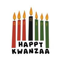 Happy Kwanzaa greeting card with kinara candles - red, black, green with hand drawn symbols of seven principles of Kwanzaa. Cute simple template for African American heritage celebration. vector