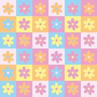 Cute y2k bright spring patchwork minimalist floral seamless pattern background print. Pastel colored checkerboard backdrop. Modern, trendy, bright vector design wallpaper