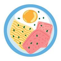 Gong Zai Mein - Hong Kong breakfast with instant noodles, sunny side up egg, couple of pieces of sliced spam canned cooked pork. Plate top view. Simple hand drawn vector doodle