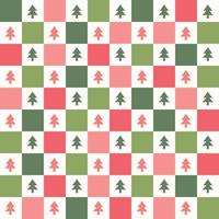 lindo retro vintage navidad tablero de ajedrez y2k de patrones sin fisuras vector de fondo. fondo de pantalla de textura de repetición rojo rosa y verde festivo abstracto con silueta de icono de árbol de navidad, textil moderno de moda