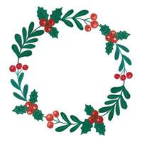 Artistic crayon textured vector winter wreath. Round floral frame with holly berry mistletoe leaves, twigs hand drawn with colored pencils. Simple cute square card with copy space isolated on white