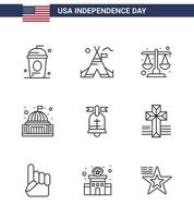 paquete de feliz día de la independencia de 9 líneas de signos y símbolos para la casa blanca elementos de diseño de vector de día de estados unidos editables a escala de construcción americana