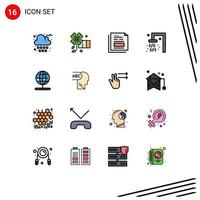 Modern Set of 16 Flat Color Filled Lines Pictograph of stand globe document travel bath Editable Creative Vector Design Elements